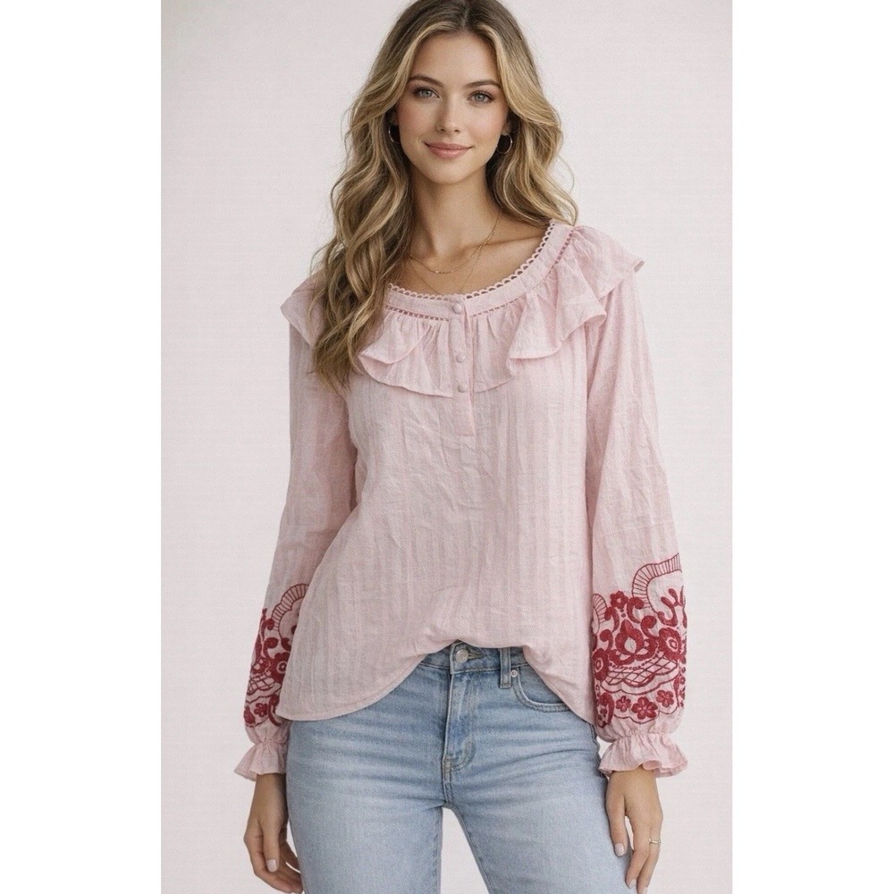 Savanna Jane Women's L Pink Embroidered Balloon Sleeve Ruffle Boho Blouse NWT